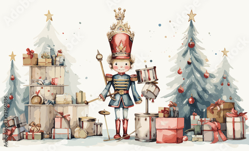 Watercolor Christmas illustration ??" Nutcracker: Ballerina, soldier, rocking horse, Christmas tree, gifts, mouse king, Christmas toys, retro toys, star, musical trumpet, drum.