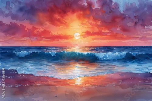 Sunset at the Beach: A Painting of a Beautiful Sunset Over the Ocean Generative AI