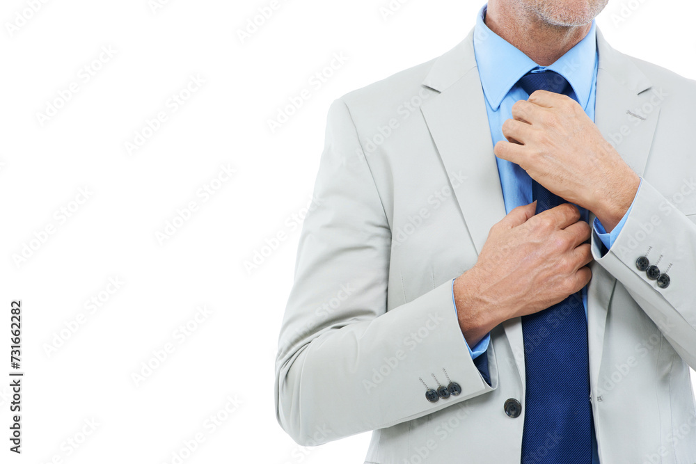 Suit, hands and businessman fix tie in studio isolated on white background mockup space. CEO, professional and adjust necktie for preparation, correction and lawyer getting ready in formal clothes Suit, hands and businessman fix tie in studio isolated on white background mockup space. CEO, professional and adjust necktie for preparation, correction and lawyer getting ready in formal clothes