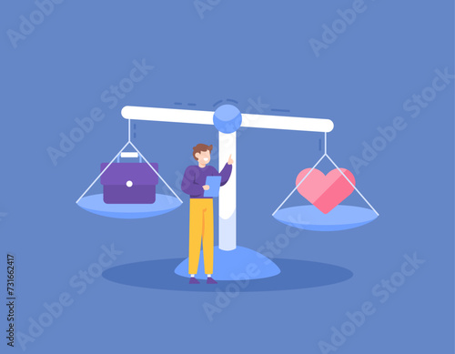 A concept of work-life balance. Manage and divide time in a balanced manner for work and personal life. an entrepreneur or worker with a scale. illustration concept design. graphic elements. Vector
