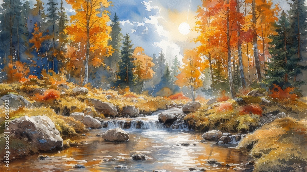 A beautiful forest landscape with a river as a digital illustration - obrazy, fototapety, plakaty 
