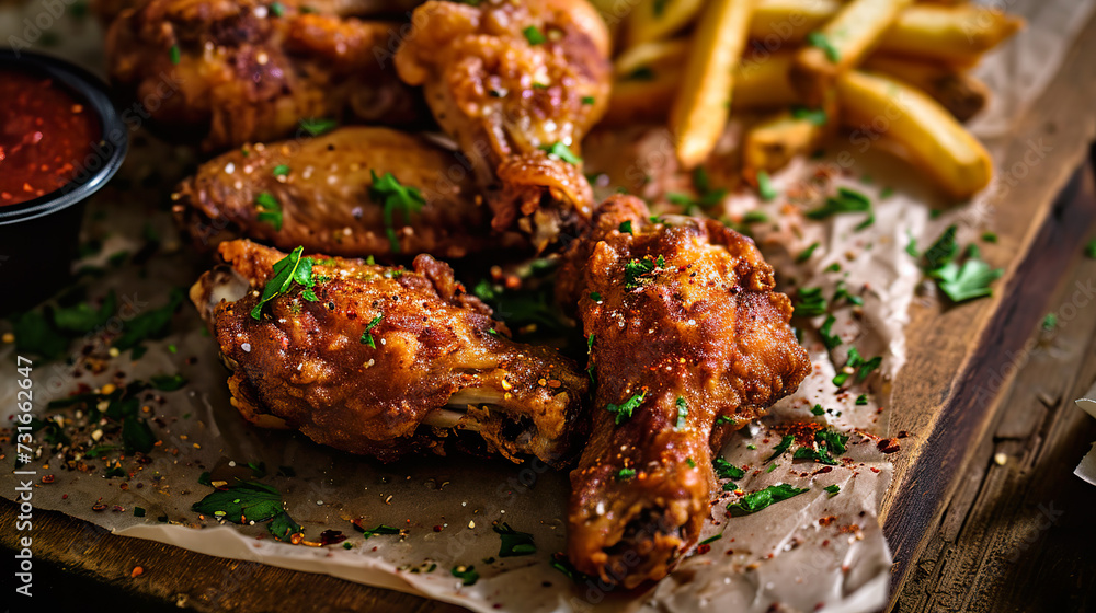 Fried chicken wings close-up, angle view, ultra realistic food photography