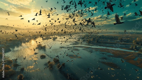 Aerial view of Dalyan Delta during bird migration season, with flocks of birds filling the sky, their wings casting intricate patterns of shadow on the water below, a cacophony of birdcalls echoing th
