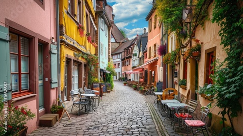 Quaint European street with colorful facades and cobblestones. A picturesque cobblestone street lined with colorful buildings and outdoor cafes in a quaint European town. Resplendent. © Summit Art Creations