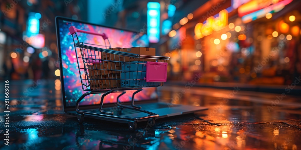 Shopify Shopping: A Pink Shopping Cart on a Laptop Screen Generative AI - obrazy, fototapety, plakaty 