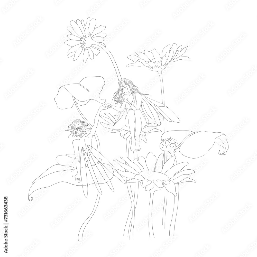 Pencil drawing of flowers and fairies Pencil drawing of flowers and fairies