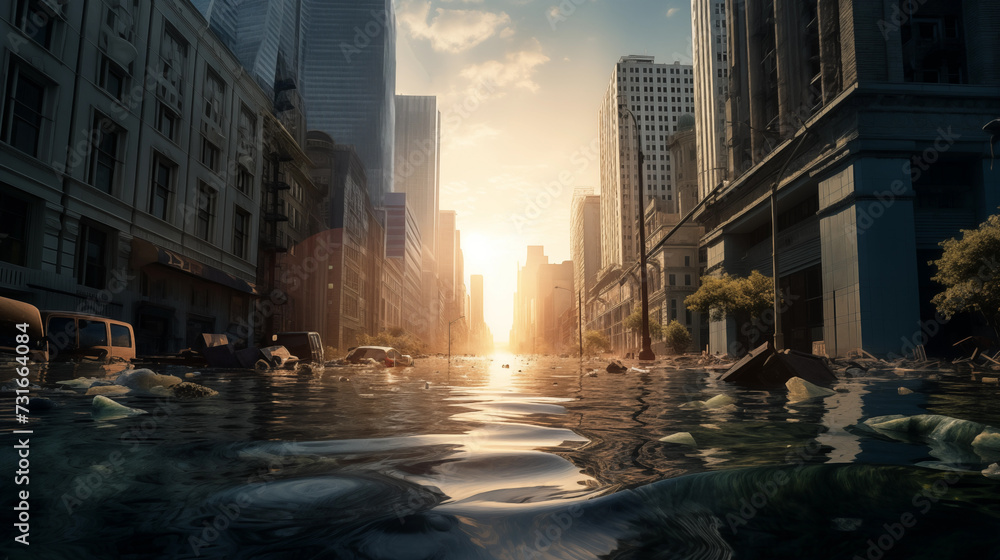 Urban flooding resulting from global warming, showcasing the genuine ...