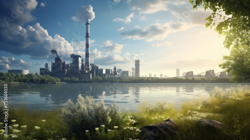 Industry, showcasing an environmentally friendly power plant with a pristine and eco-conscious environment. Emphasize clean air, low carbon emissions and a visually authentic portrayal