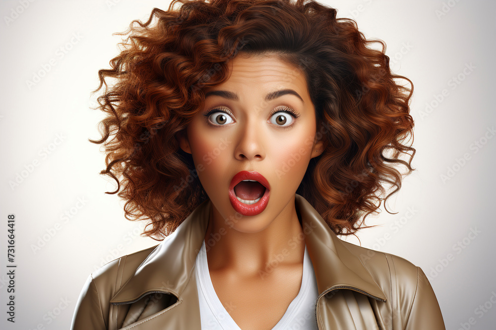 Attractive African American woman with surprised face. Sudden incredible news reaction. Wow effect. Woman with wow face. Expressive facial expressions businesswoman.