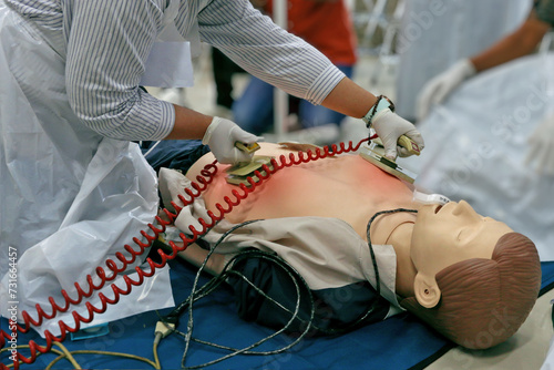 Obraz na plátně Doctor intensivist performs defibrillation to critical patient
