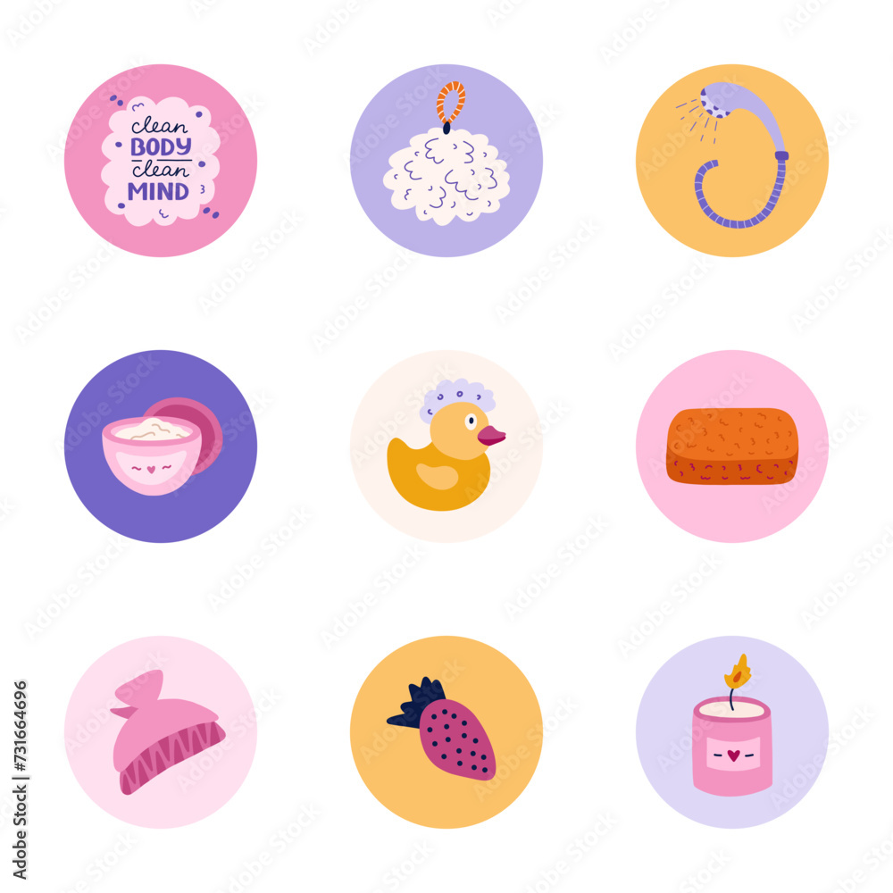 Cute and funny round highlights for social media, blogs, business, branding with spa, hygiene and bathe illustrations. Cover icons for stories with cosmetic products, washing items vector clipart
