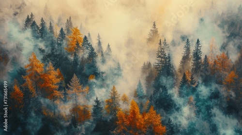 Aerial view of forest in Dolomites in autumn, with mist hanging low over the tree canopy, creating an ethereal and mysterious atmosphere, shafts of golden sunlight filtering through the fog