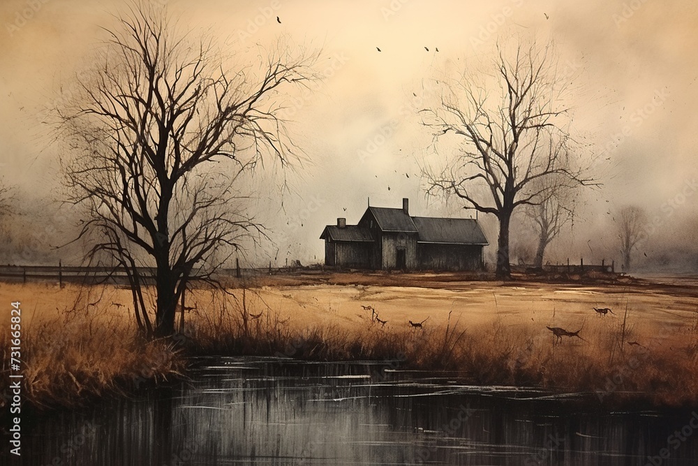 Obraz premium Country Farmhouse in Rustic Landscape Painting