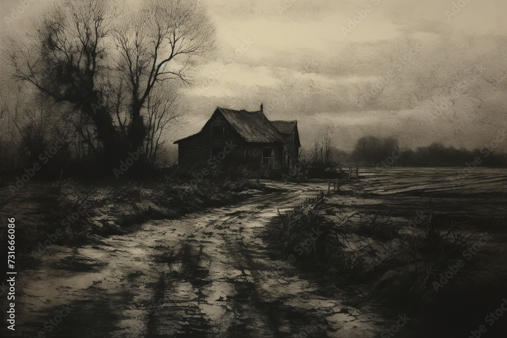 Country Farmhouse in Rustic Landscape Painting

