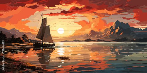 sailboat in the sea with the evening sunlight, digital art style, illustration painting photo