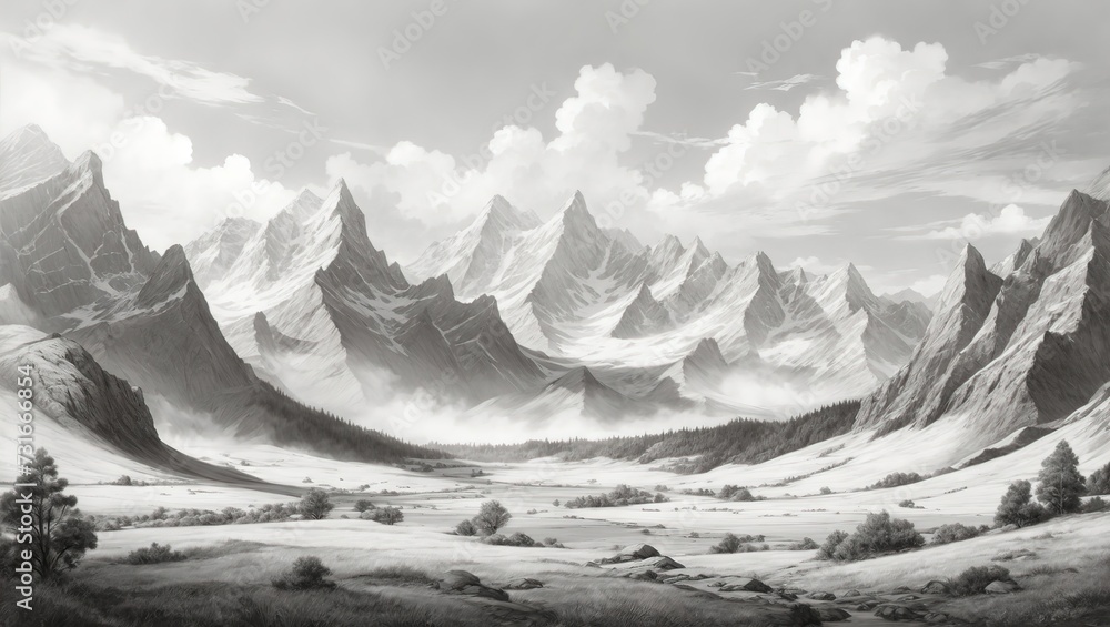 Greyscale Mountain Range Abstract Panoramic Landscape