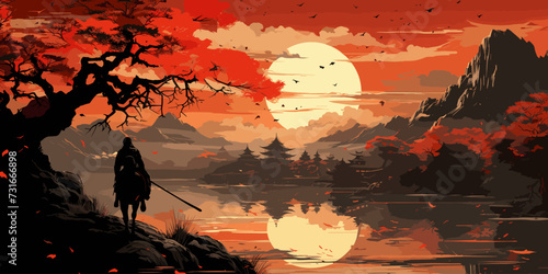 samurai riding a horse in the autumn forest, digital art style, illustration painting
