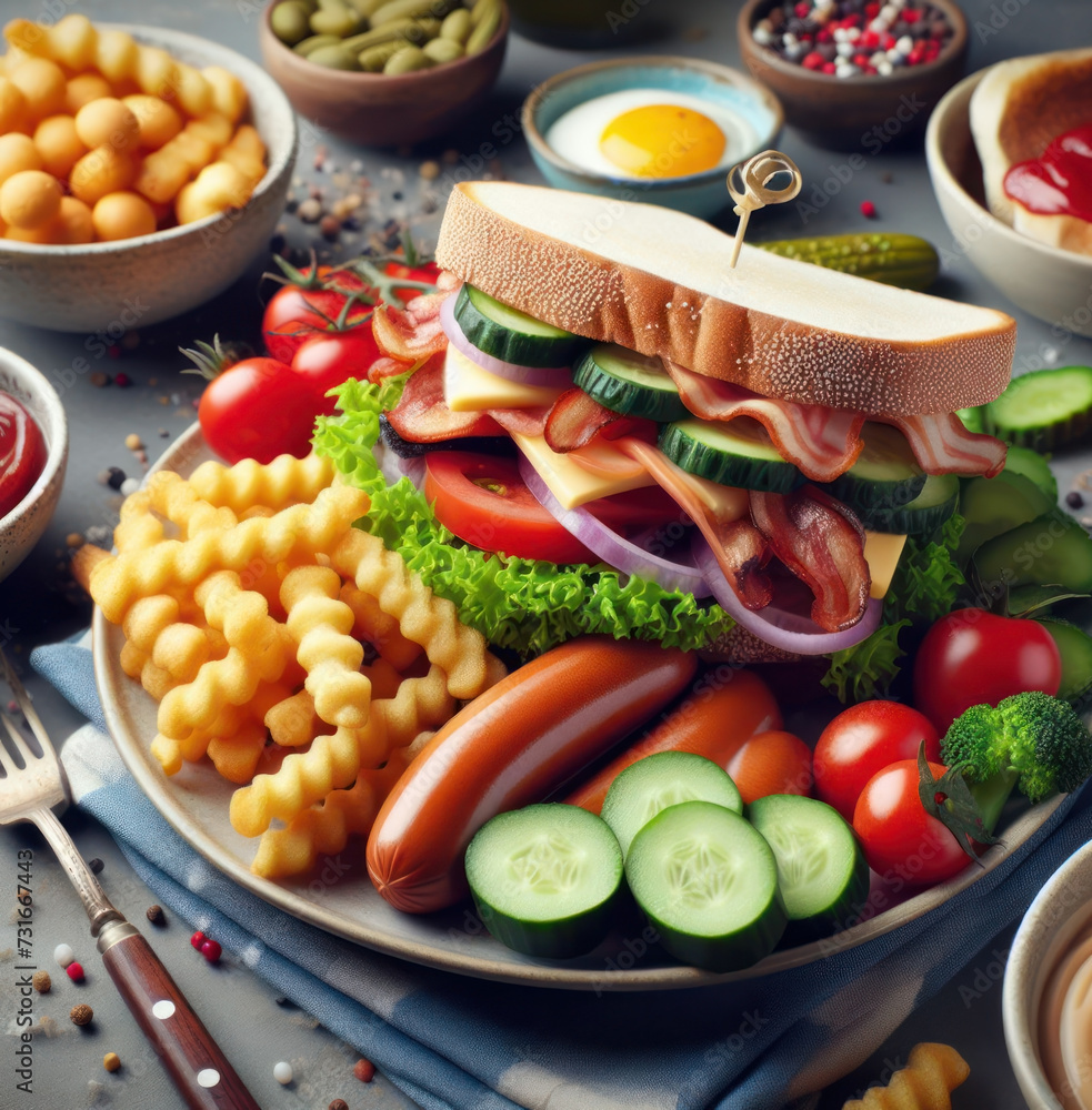 Sandwich and Sausages and Vegetables Sandwich and Sausages and Vegetables