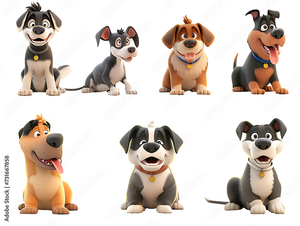 Set of cartoon dog characters on PNG transparent background.