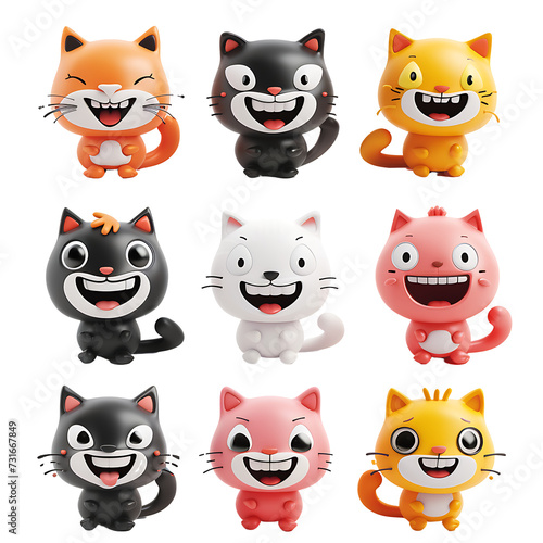 3d rendering set of smiling cat character on transparent background PNG
