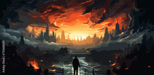 The man standing looking at the gigantic buildings towering beyond the shattered city. , digital art style, illustration painting