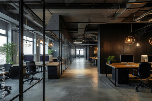 Interior of modern coworking office with black walls  concrete floor  rows of computer tables and panoramic windows