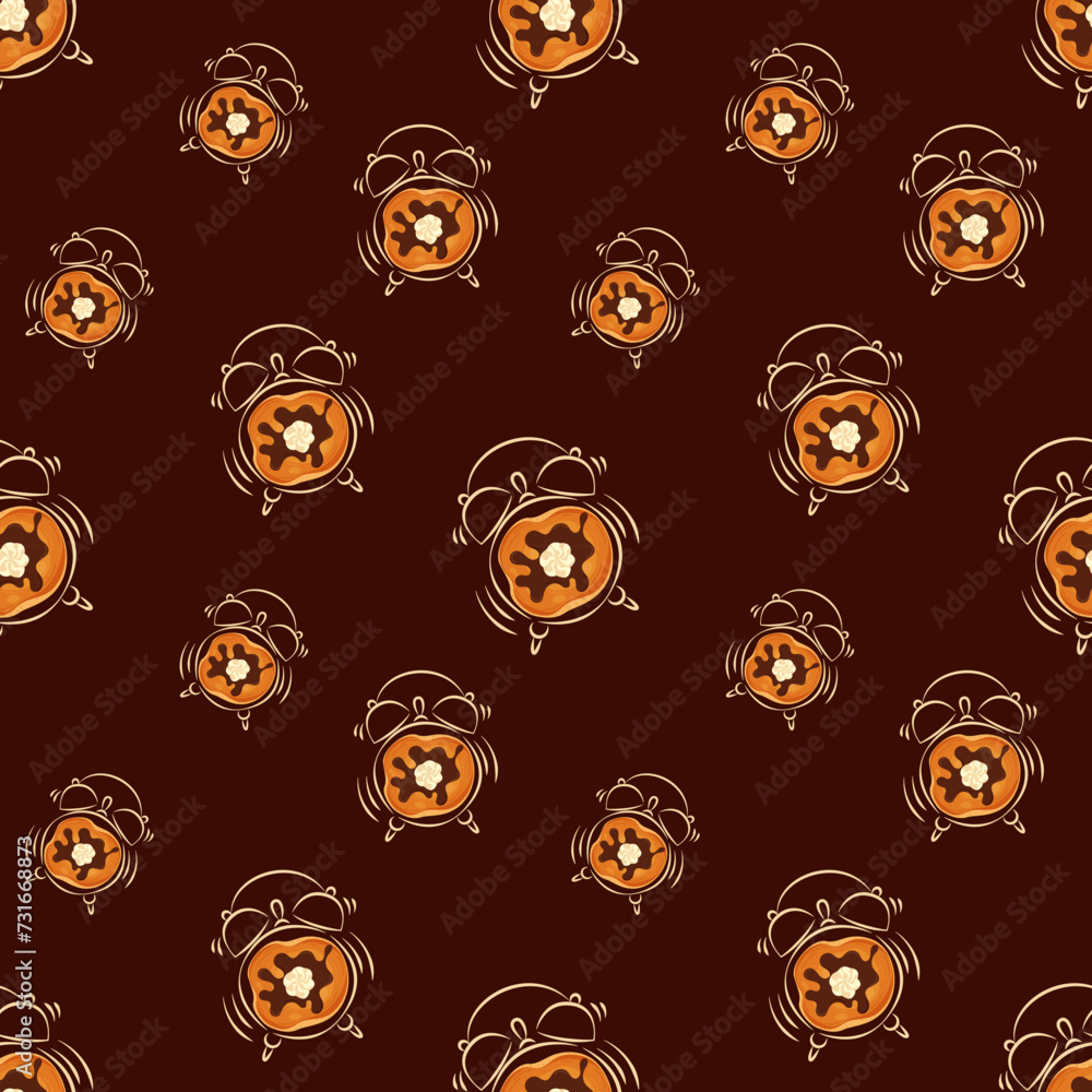 Vector seamless pattern with alarm clock and packages on a brown background. Ideal for children's drawings, kitchen style, textiles, wrapping paper, scrapbooking. Vector seamless pattern with alarm clock and packages on a brown background. Ideal for children's drawings, kitchen style, textiles, wrapping paper, scrapbooking.