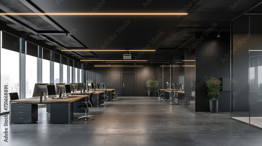 Interior of modern coworking office with black walls, concrete floor, rows of computer tables and panoramic windows Interior of modern coworking office with black walls, concrete floor, rows of computer tables and panoramic windows