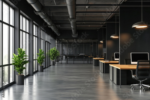 Interior of modern coworking office with black walls, concrete floor, rows of computer tables and panoramic windows photo