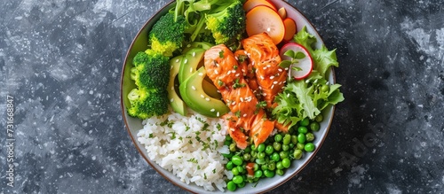 Top view of a nutritious salmon avocado bowl featuring rice, fresh salad, and vegetables including broccoli and green peas.