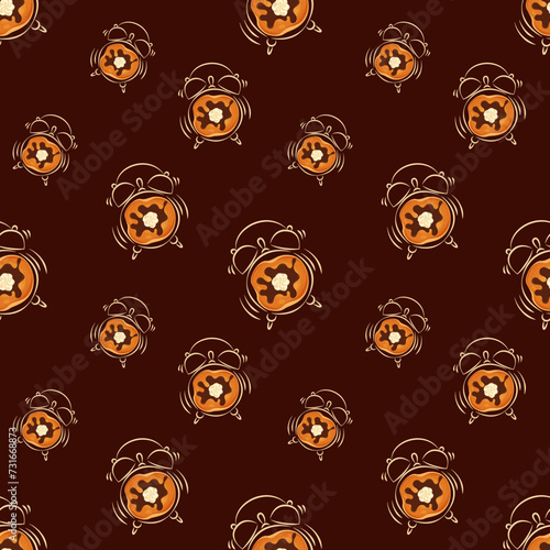 Vector seamless pattern with alarm clock and packages on a brown background. Ideal for children's drawings, kitchen style, textiles, wrapping paper, scrapbooking.