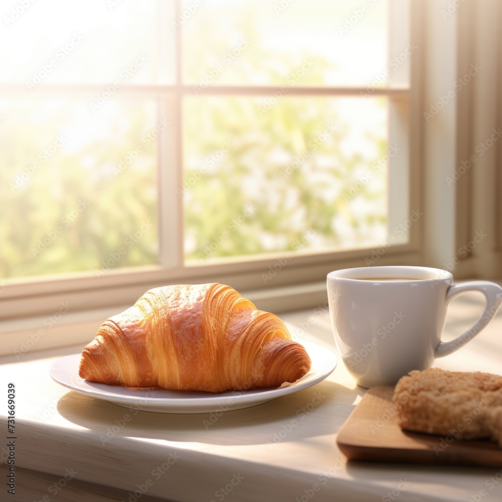 Cozy Kitchen Scene: French Croissant and Espresso Coffee Delight Cozy Kitchen Scene: French Croissant and Espresso Coffee Delight
