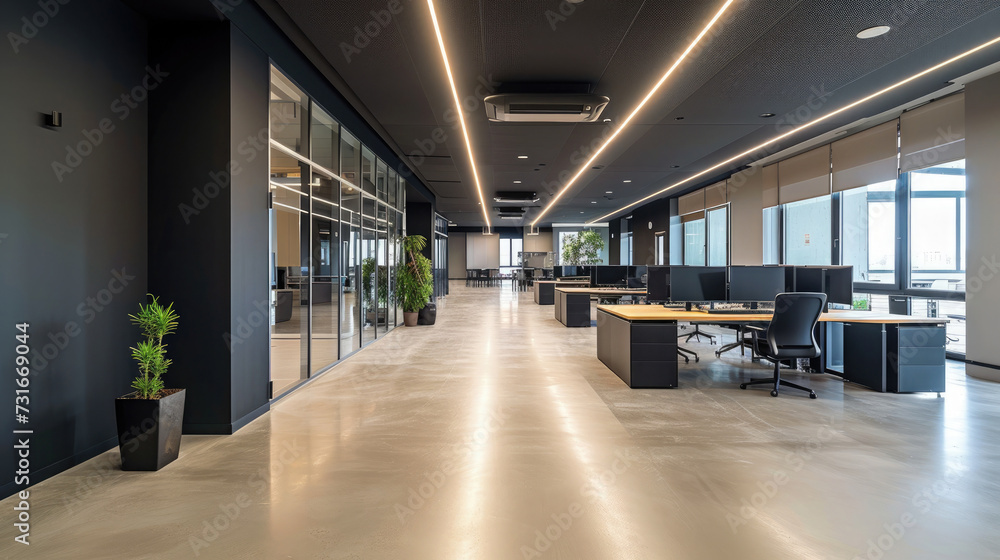 Interior of modern coworking office with black walls, concrete floor, rows of computer tables and panoramic windows