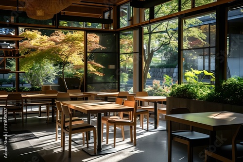 Tranquil cafe interior with natural lighting and outdoor views, modern design with wooden furniture. AI