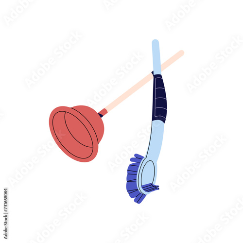 Plunger with wooden handle. Plastic brush for cleaning toilet. Tool for removal of clogged drain, clearing blockages. Housework, housekeeping kit. Flat isolated vector illustration on white background