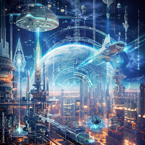 An illustration of the future. Spaceships, space stations, artificial intelligence robots, holograms and other elements of future technology