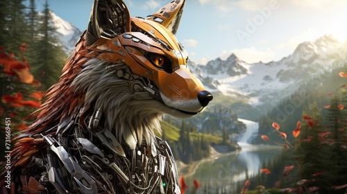 Explore the future landscape with a futurist robotic red fox avatar photomontage