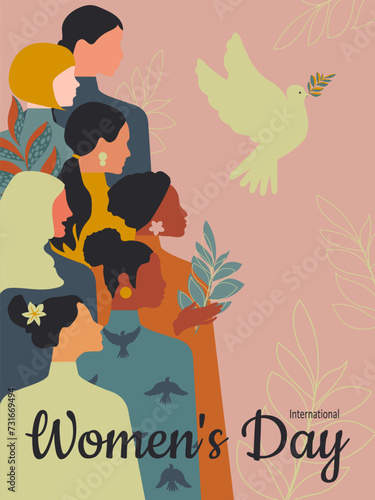 Postcard for Women's Day with women of different nationalities and religions. Vector.