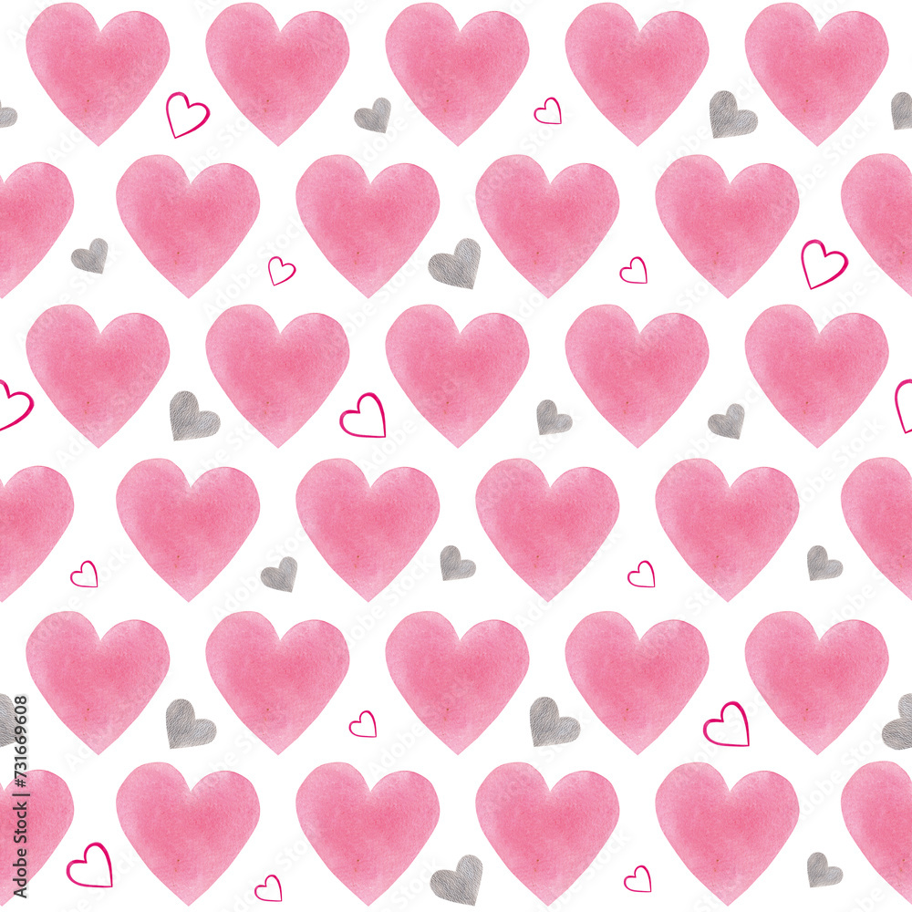 Valentines day, watercolor illustration. Hand drawn  aquarelle pink hearts pattern