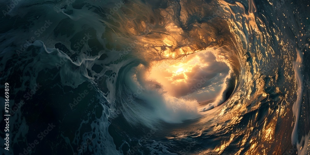 Majestic ocean wave captured at golden sunset, encapsulating nature's ...