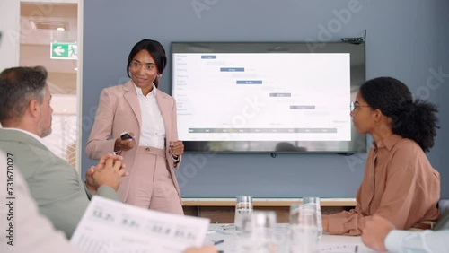 Female African American female leader manager business presenter giving tv presentation to professional company team people having corporate discussion office work meeting in conference board room. photo