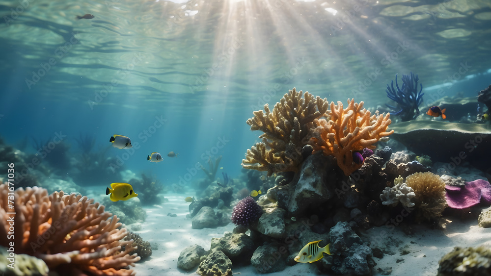 Obraz premium Underwater scene featuring a vibrant coral reef with diverse fish in the clear blue waters of the Red Sea near Egypt, showcasing the rich marine life of the tropical environment