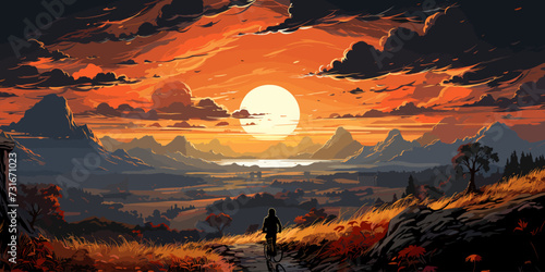 boy on a bicycle looking at the autumn view, digital art style, illustration painting