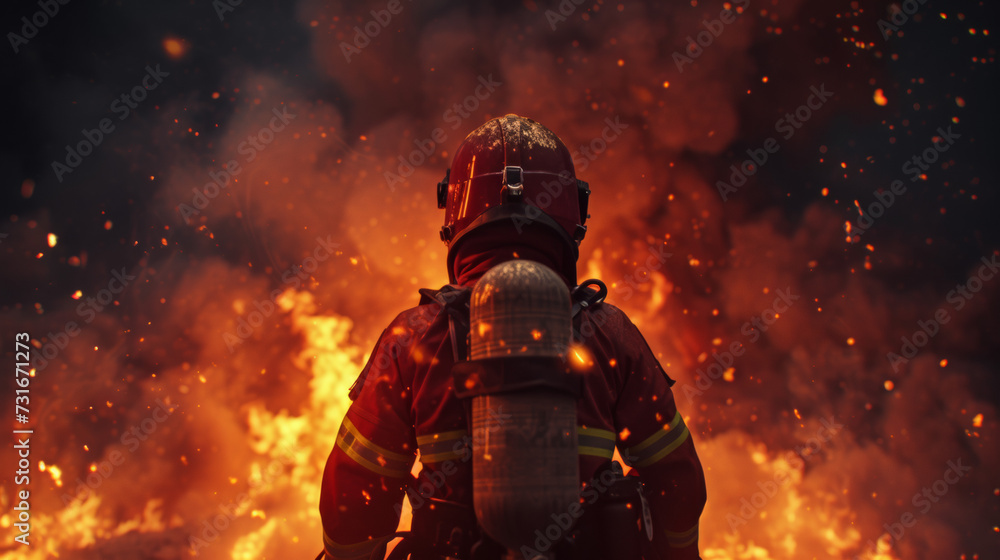 Fototapeta premium Firefighter finds himself immersed in smoke and facing many flames. Space for text. International Firefighters' Day, May 4. 