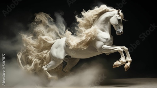AI illustration of a majestic white horse leaping surrounded by white smoke