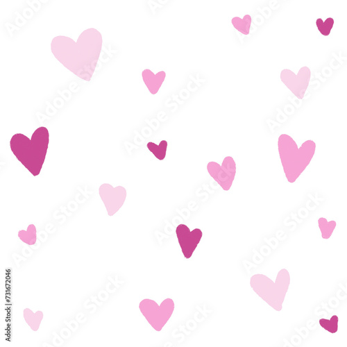 Illustration of assorted pink hearts on white background, seamless pattern for Valentine's Day 