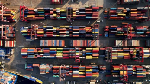 Container terminal port aerial view. Industrial cargo port. Logistic center. Import and export port and is part of a shipping dock photo