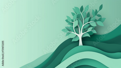 Paper cut tree with leaves on a turquoise background. Earth day concept. Copy space.