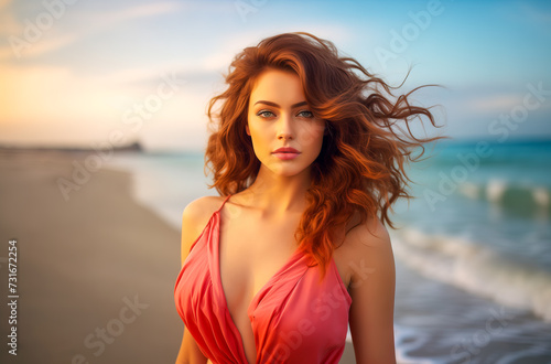 Beautiful woman, summer long flowing pink dress, playing on the beach, laughing.