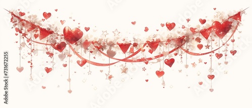 Garland,bright light red, sparkling glitter smal and big hearts on white background,valentins day,mothers day photo